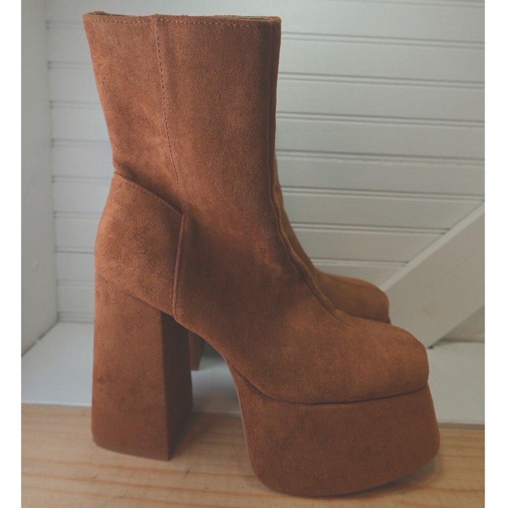 Women's Retro Platform Boots Size 8 Faux Suede Tan Ankle Booties New Forever 21